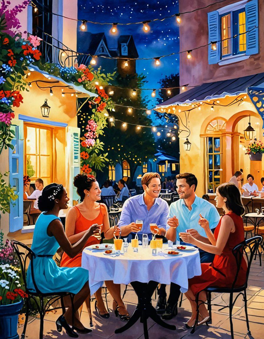 A whimsical illustration of a diverse group of adults engaging in playful conversations at a lively outdoor café, with hints of flirtation and friendship highlights. Captured moments of laughter, exchanging glances, and subtle gestures, surrounded by blooming flowers and twinkling fairy lights. The scene should exude warmth and charm, inviting viewers into the world of adult dating adventures. vibrant colors. painting.