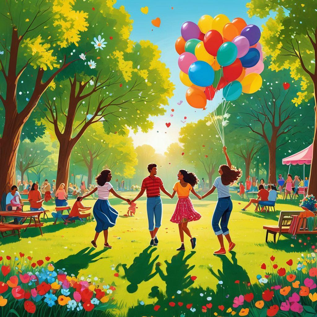 A vibrant collage depicting cheerful people enjoying casual outdoor activities, like picnics and dancing, showcasing diversity and joy in connections. Include playful elements like balloons and hearts to symbolize love and light-hearted adventures. The background should have a sunny park setting with trees and flowers, reflecting a sense of freedom and happiness. bright colors. vector art.