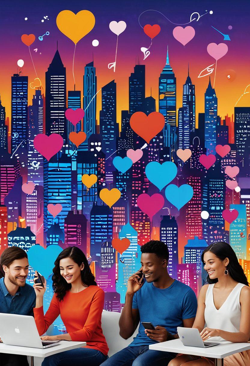 A vibrant collage of diverse individuals engaged in online dating through various devices, showcasing connection and interaction. Include symbols of love like hearts and chat bubbles, with a backdrop of a city skyline representing local vibes. Illustrate the transition from in-person meetings to digital connections with subtle arrows. The color palette should be warm and inviting, symbolizing romance and opportunity. vibrant colors. digital art. upbeat style.
